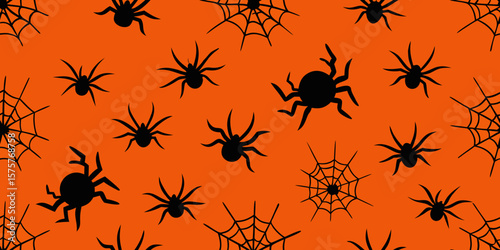 A seamless vector pattern of an insect collection featuring a spider on its web, alongside silhouettes of various bugs and animals like ants, beetles, and butterflies on black
