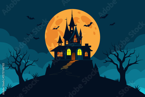 Spooky Halloween night with a haunted house, castle, and bats silhouetted against an autumn moonlit sky