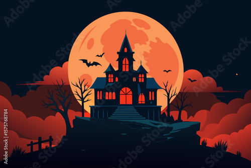 Spooky Halloween night with a haunted castle, full moon, flying bats, and scary pumpkins by a twisted tree