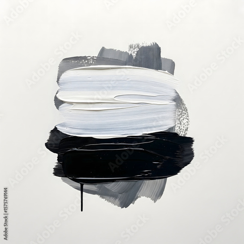 A minimalist abstract painting with thick black and white brush strokes on a textured background.