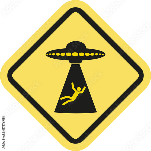 Yellow diamond warning sign icon in PNG format. Warning sign about approaching UFO and alien abduction. Road signs.