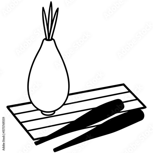 A single daikon radish on a bamboo mat with chopsticks placed beside it, neutral background, soft balanced light, calm and culturally rich composition.