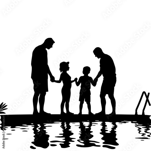 Silhouette of parents supervising kids at poolside – family safety, leisure