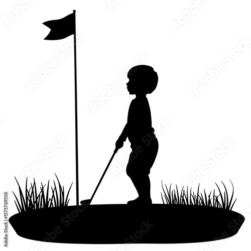 Silhouette of child playing mini golf on white background, fun family sport recreation