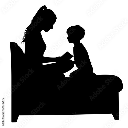 Silhouette of mother reading to child on bed, bedtime story routine