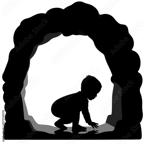 Silhouette of toddler in playground tunnel, child adventure exploration