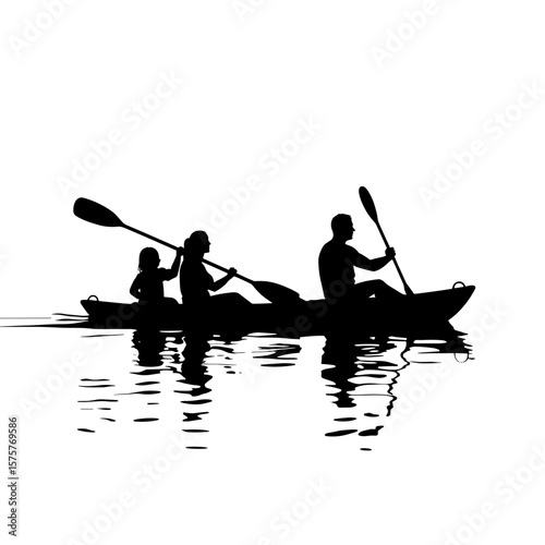Family kayaking silhouette on calm waters, adventure and outdoor exploration