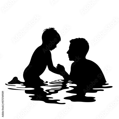 Silhouette of father teaching child to swim in pool, skill development and safety