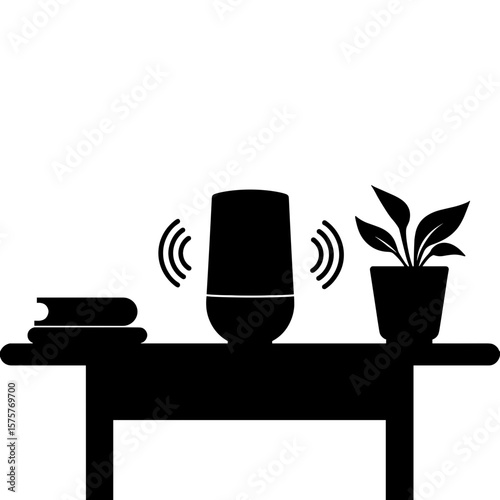 Silhouette of smart speaker with sound waves on desk, technology and productivity