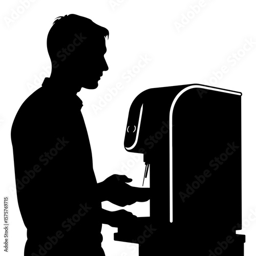 Silhouette of employee using smart coffee machine, office breakroom innovation