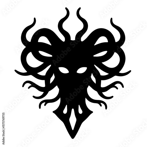 Gorgon Medusa head silhouette with snakes, mythic symbolism and fear
