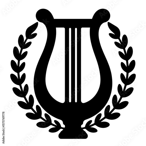 Silhouette of Greek lyre with laurel leaves, symbol of music and victory