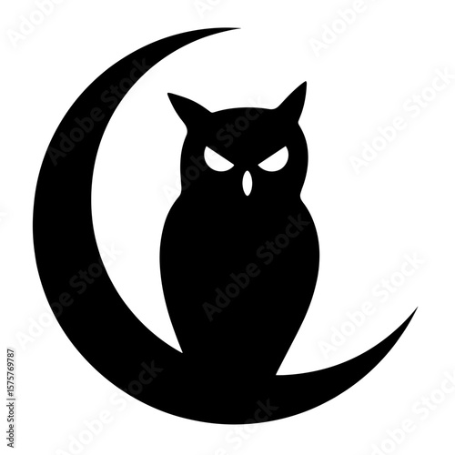 Owl silhouette on crescent moon, Night wisdom symbol, black and white copyspace