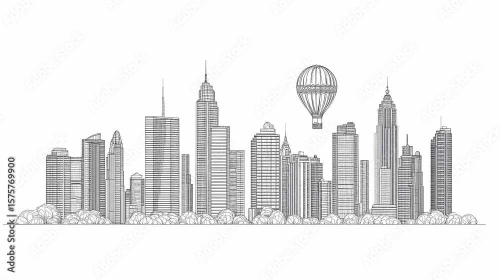 Naklejka premium Line drawing of a modern city skyline with a hot air balloon.