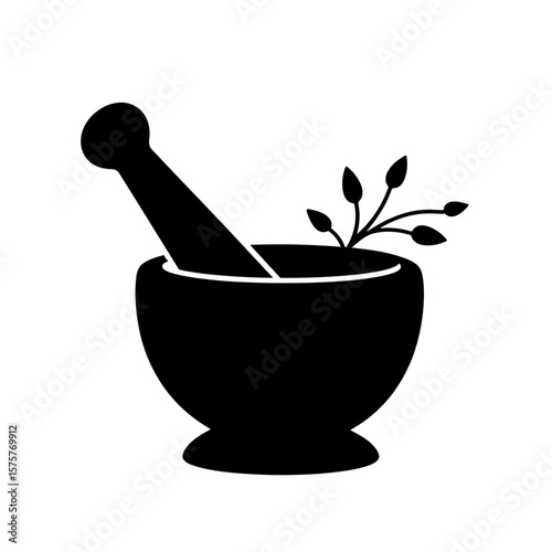 Silhouette of mortar and pestle with herbs, herbal preparation DIY cosmetics