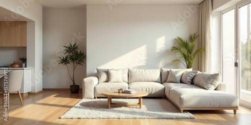Modern Sectional Sofa in Sunlit Living Room with Natural Wood Accents and Plush Cushions, Creating a Serene and Inviting Atmosphere