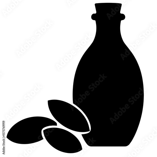 Silhouette of almond oil bottle with nuts, skincare nourishment concept