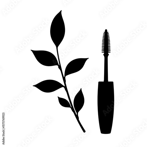 Silhouette of mascara brush and twig branch, organic beauty concept, copyspace