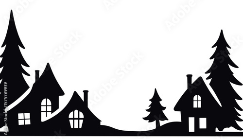 Silhouette of Christmas winter village with snow-covered rooftops, festive seasonal border