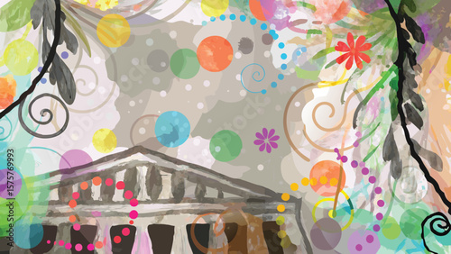 Watercolor style painting of a building with floral accents and colorful circles around it