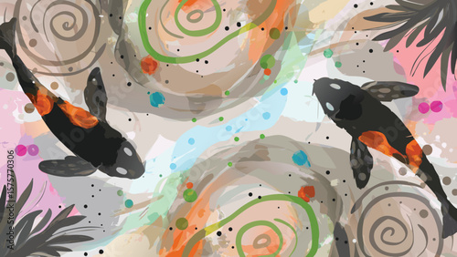 Two koi fish swimming in an abstract pond with colorful swirls and plant life in a watercolor style