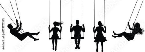 Silhouette of children and adults swinging, swing set motion, family outdoor activity, black vector illustration, isolated on white background