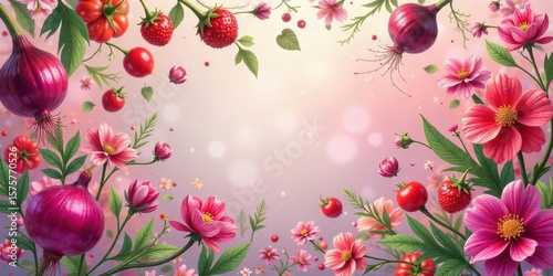 Vibrant Floral Composition Featuring Red Onions, Strawberries, and Tomatoes Surrounded by Delicate Pink Blossoms