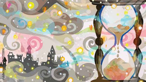 Hourglass with swirling clouds and castle silhouette against a dreamy, colorful background scene
