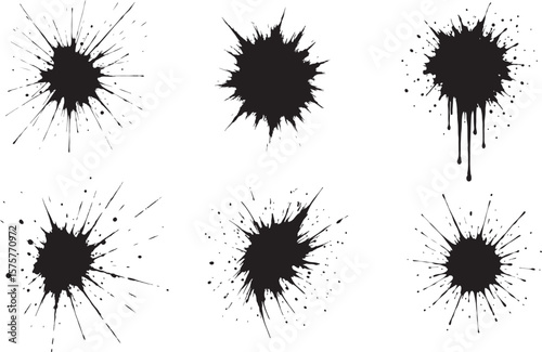 Set of six different vector black ink splatter effects grunge style artistic elements