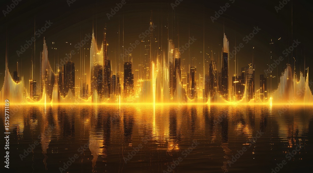 Fototapeta premium Golden city skyline reflected on water (1)