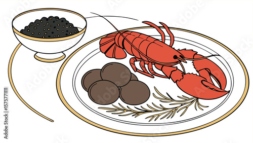 Red, cooked lobster seafood dinner on a white background