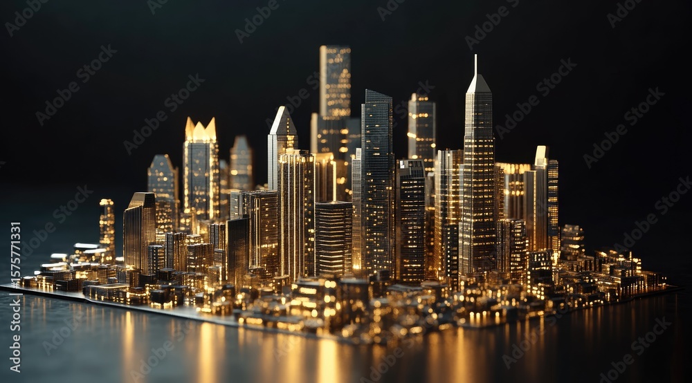 Obraz premium Golden city skyline, 3D model, night view