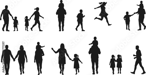Silhouette of family walking, playing, and spending time together, vector illustration of parents with children, outdoor bonding, happy lifestyle design