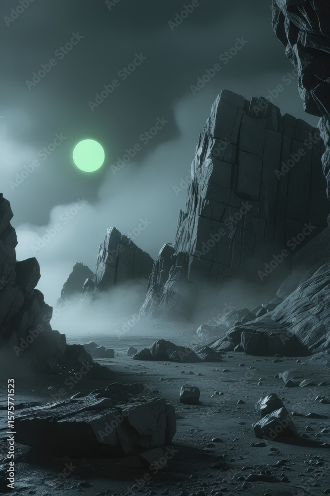 Fototapeta premium A landscape with rocks and a green moon in a foggy environment with a dark and mysterious atmosphere