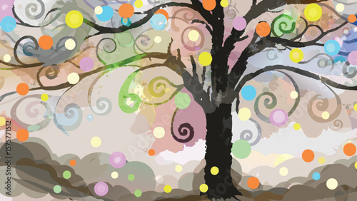 Stylized tree with colorful orbs and swirling branches in a dreamlike watercolor landscape scene