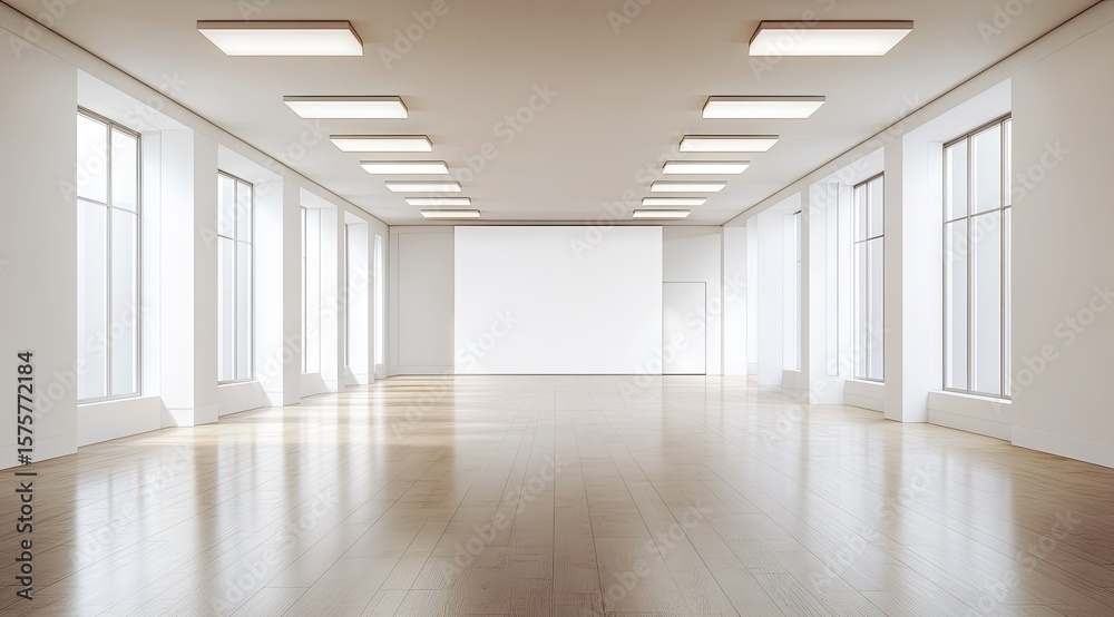 Fototapeta premium Empty, bright white hall with large windows and light fixtures