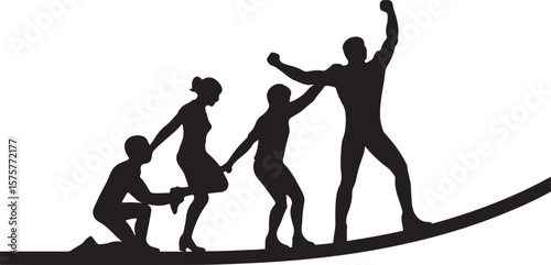 Silhouettes of people climbing and celebrating success teamwork achievement