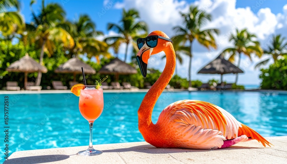 Obraz premium A pink flamingo wearing black sunglasses stands beside a tropical drink near a pool, with palm trees and beach umbrellas in the background—radiating playful vacation vibes.