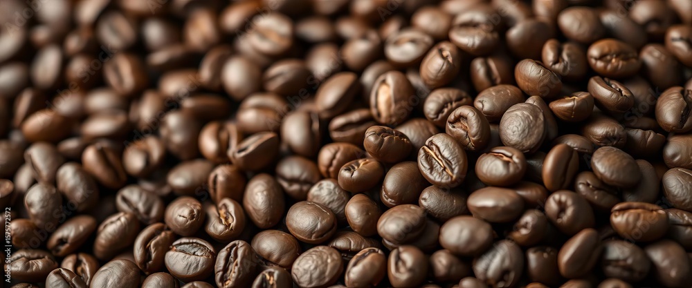 Fototapeta premium Richly textured roasted coffee beans, selective focus, close-up, grain, food photography