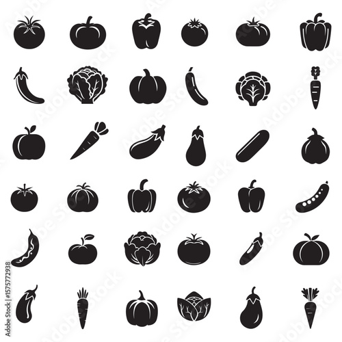 Collection of various fresh vegetables and fruits in a clean black silhouette style