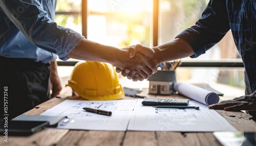 Two individuals—one in a suit, the other in a hi-vis vest—shake hands over a table with construction helmets and documents, symbolizing partnership, project agreement, or site collaboration.