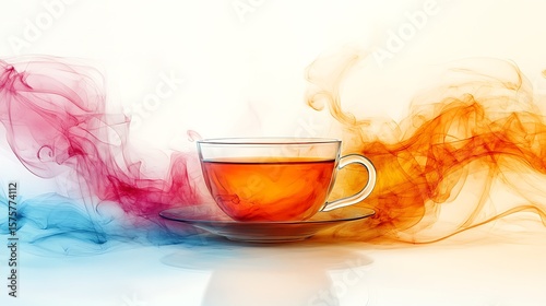 A steaming cup of amber tea with colorful wisps of smoke