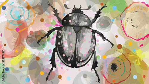 Illustration of a black beetle with pink spots against a colorful abstract background art design