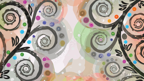 Abstract floral design with swirling branches and colorful dots in a watercolor style painting