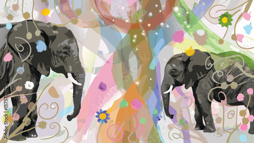 Two elephants with tusks amidst abstract floral and colorful shapes in a whimsical composition style