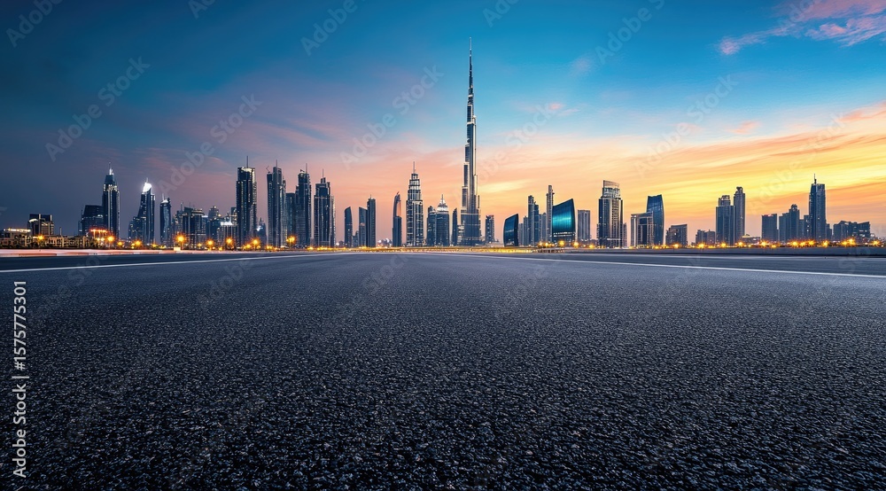 Obraz premium Empty asphalt road leading to Dubai skyline at sunrise