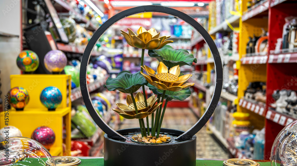 Fototapeta premium A decorative indoor fountain with three golden lotus flowers on green stems, framed by black circle