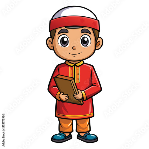 Cartoon boy in traditional clothing, holding a book