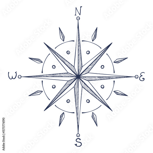Vector illustration of a Compass rose with cardinal points and hand drawn lines for nautical maps or vintage travel designs. Linear drawing of Windrose for navigation in outline style. Retro etching.