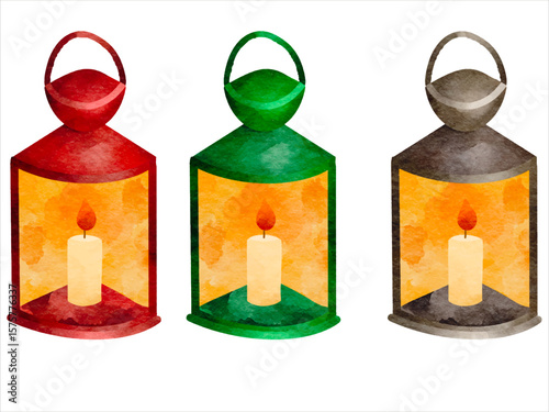 Watercolor Christmas Lantern Set with Glowing Candlelight
